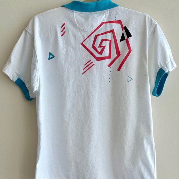 Sergio Tacchini Abstract Rose Polo, Geometric Polo Shirt - White/Red/Sky Blue, S - Picture 12 of 16